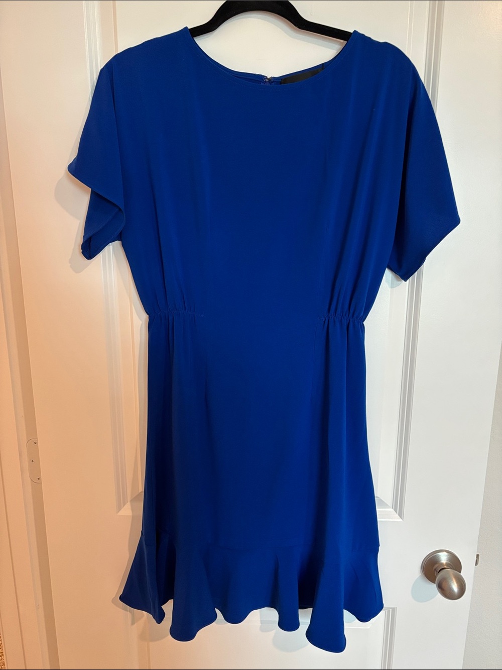 Donna Morgan Royal Blue Short Sleeve Ruffle-Hem Mini Dress